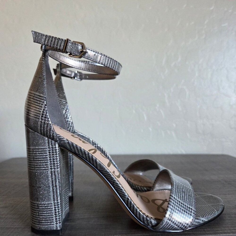 Sam Edelman Yaro Plaid Ankle Strap Block Heel Sandals Pewter 7.5 Academia Preppy